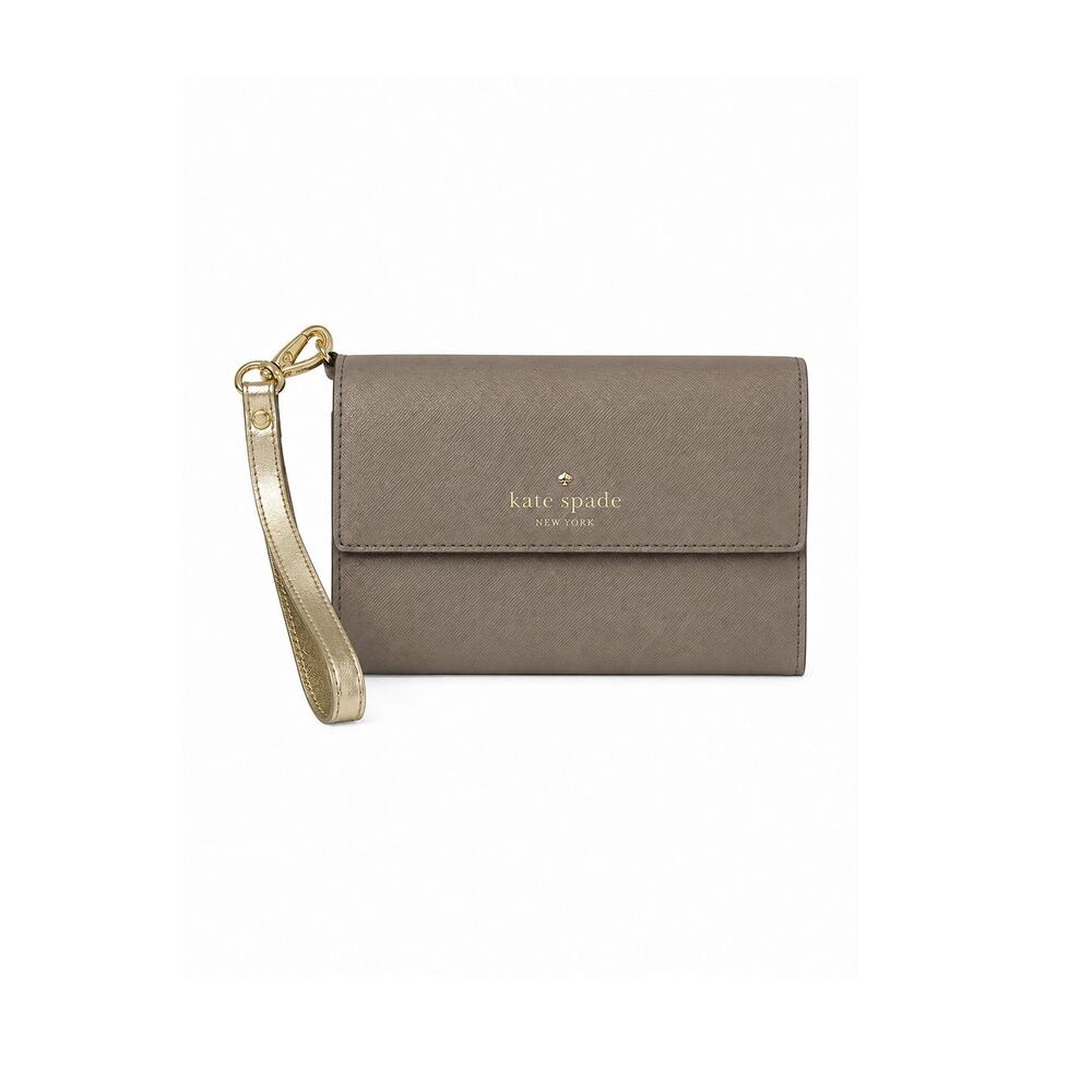 Kate Spade Taupe Saffiano Leather Wristlet Wallet Gold Strap Mirror Y2K Charm